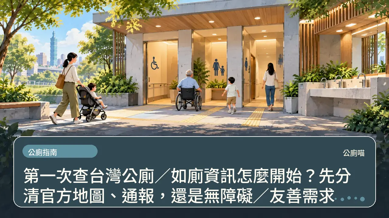 第一次查台灣公廁／如廁資訊怎麼開始？先分清官方地圖、通報，還是無障礙／友善需求主題插畫