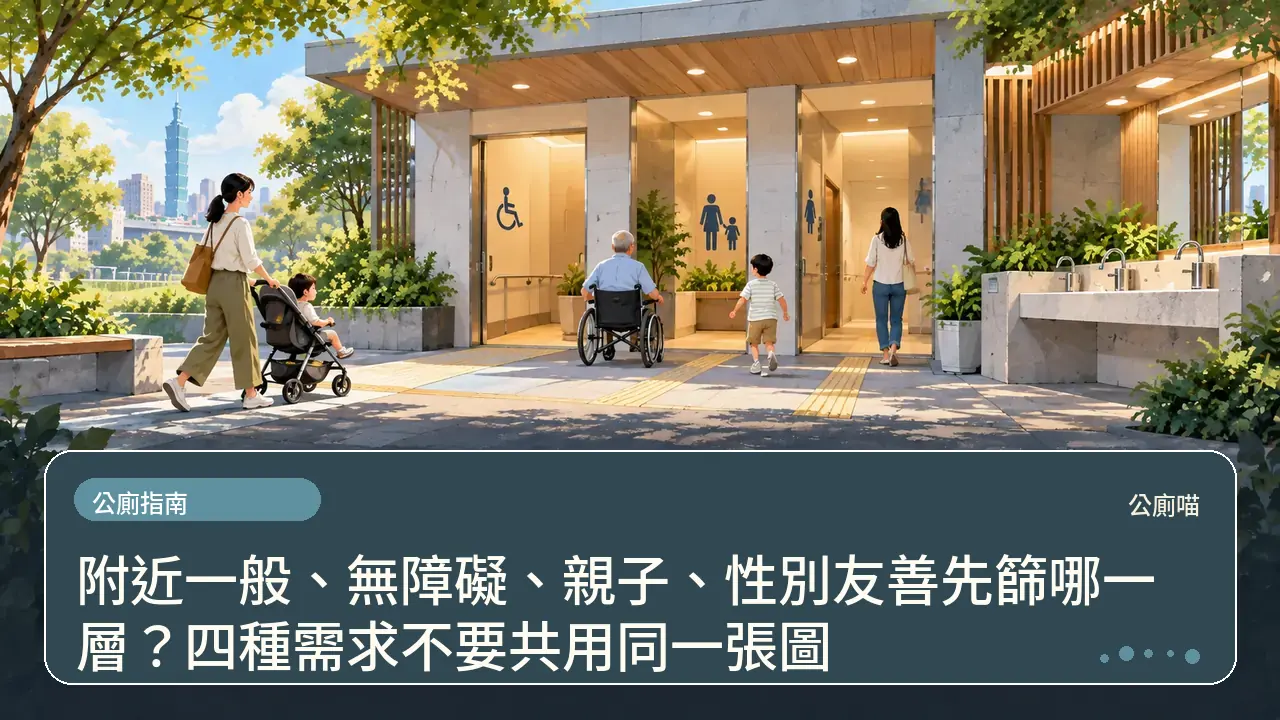 附近一般、無障礙、親子、性別友善先篩哪一層？四種需求不要共用同一張圖主題插畫