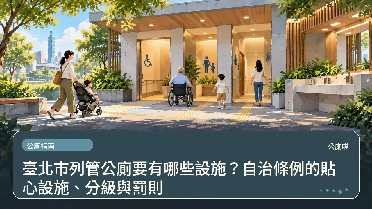 臺北市列管公廁要有哪些設施？自治條例的貼心設施、分級與罰則主題插畫